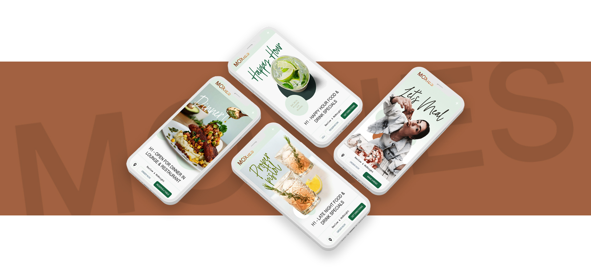 Four phones arranged in a staggered layout, each displaying a different page of the Moxies website