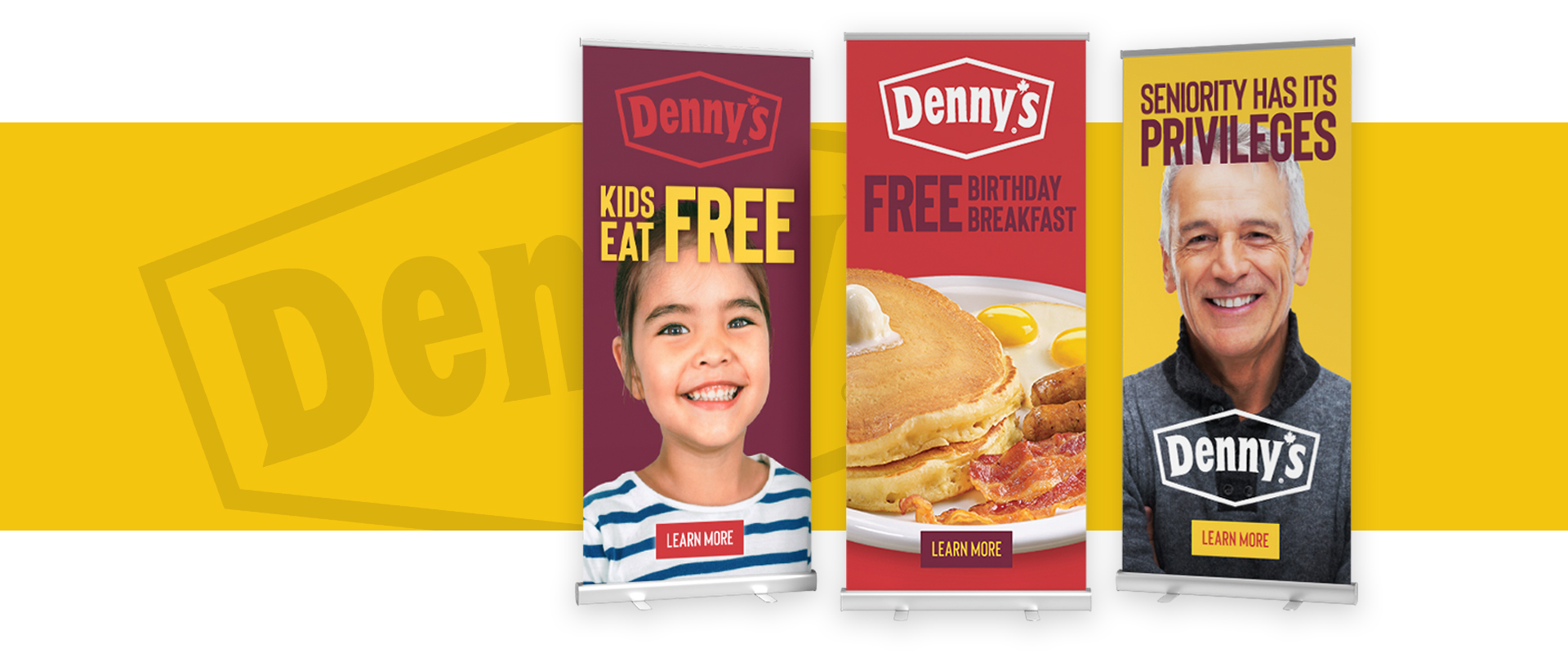 Three posters of Denny's, side by side. The posters show Denny's deals, including a deal for kids, a deal for adults, and a deal for seniors